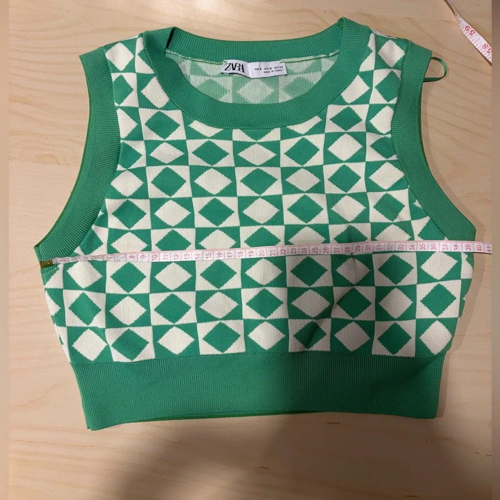 Zara Green Geometric Knit Crop Top Sleeveless Sweater Vest Retro Y2K Size S - Picture 7 of 9